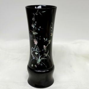 Vintage Lacquered mother of pearl inlaid wood vase